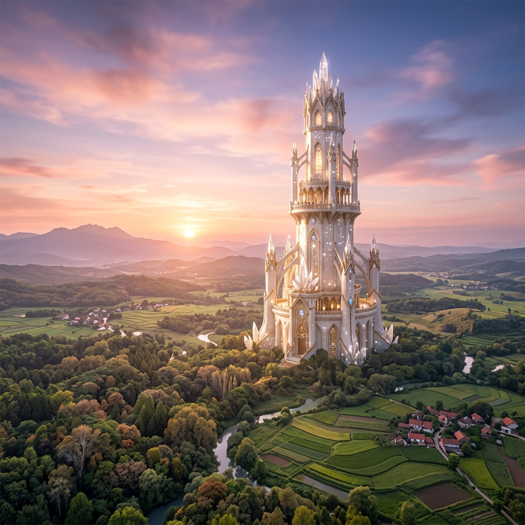 Tall crystal castle glowing with lights surrounded by forest and fields at sunset